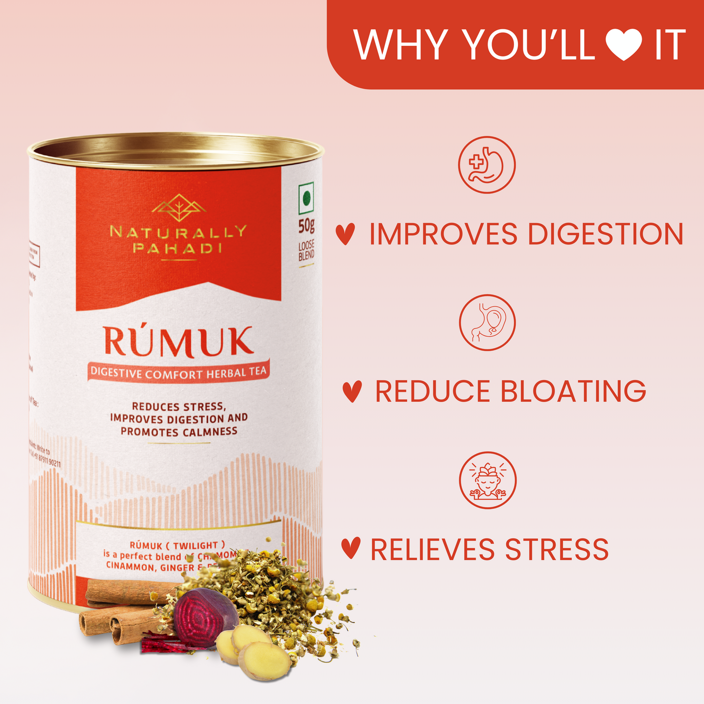 Rumukh Herbal Tea-Chamomile Cinnamon, Beetroot I Digestive Comfort Tea
