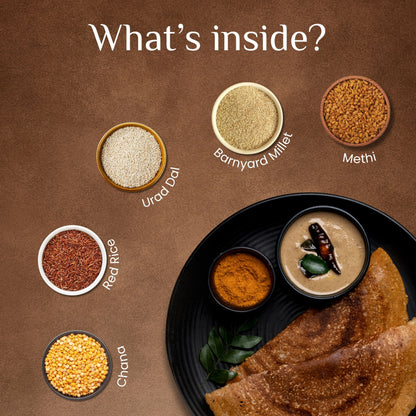 Instant Barnyard Millet Dosa Mix with Peanut Chutney and Podi.