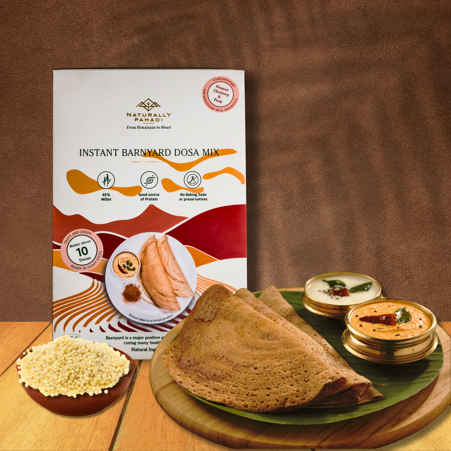 Instant Barnyard Millet Dosa Mix with Peanut Chutney and Podi.