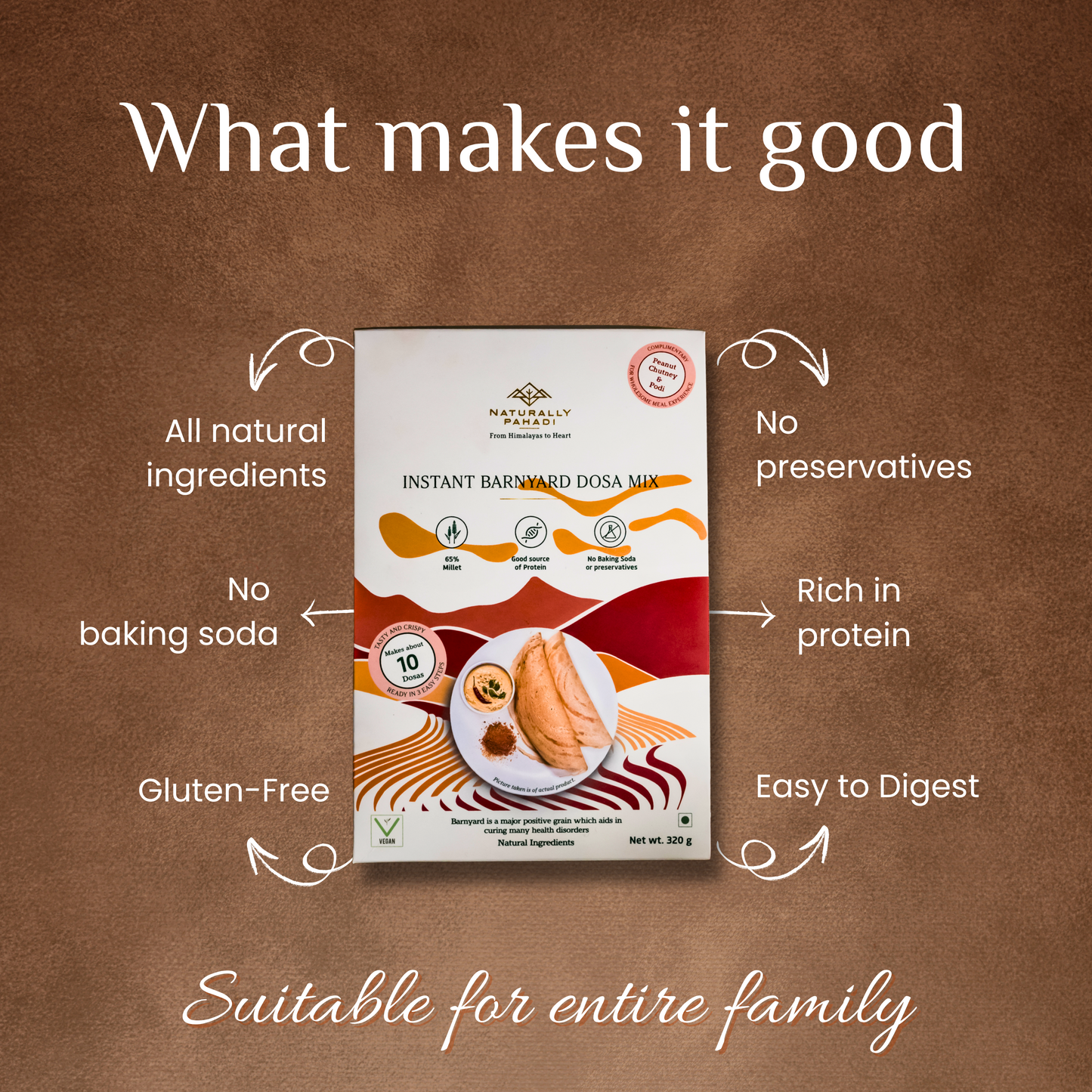 Instant Barnyard Millet Dosa Mix with Peanut Chutney and Podi.